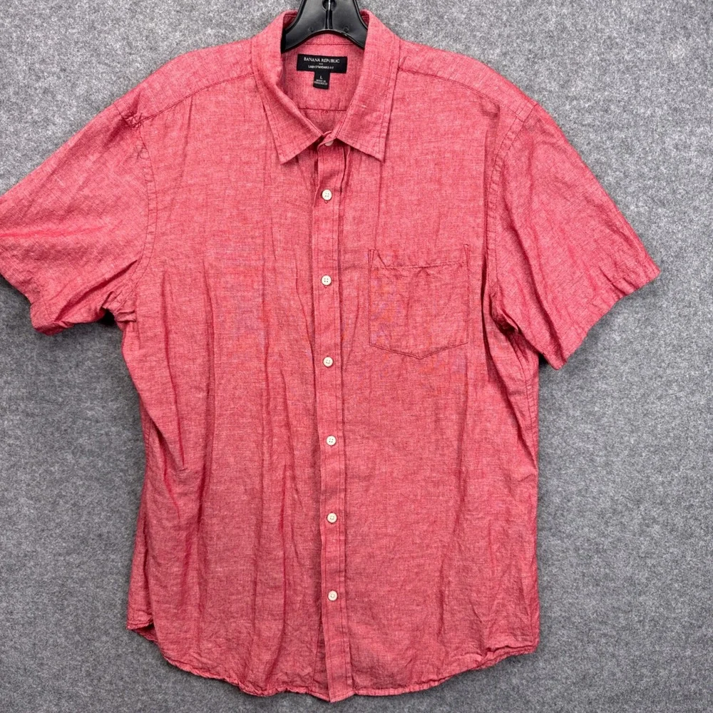 Banana Republic Mens Large Red Linen Cotton Blend Short Sleeve Button Down Shirt